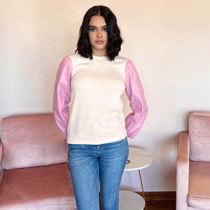 Ivory Light Pink Leather Sleeve Sweater