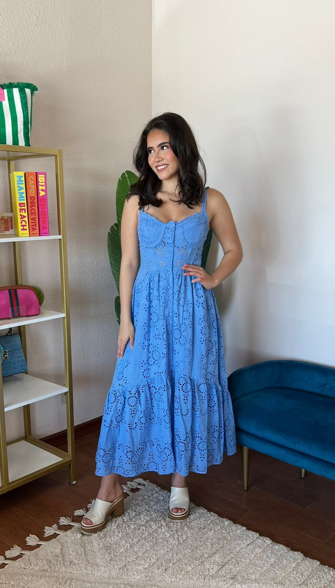 ASTR The Label Yamila Eyelet Corset Midi Dress- Blue – Ella Blu