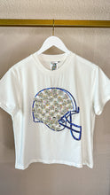 Load image into Gallery viewer, Queen of Sparkles White and Royal Flower Helmet Tee
