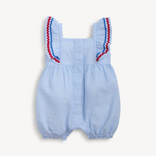 MAGNETIC ME SEERSUCKER STRIPE FLUTTER SLEEVE ROMPER
