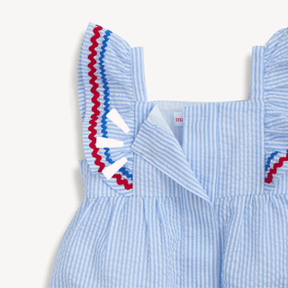 MAGNETIC ME SEERSUCKER STRIPE FLUTTER SLEEVE ROMPER