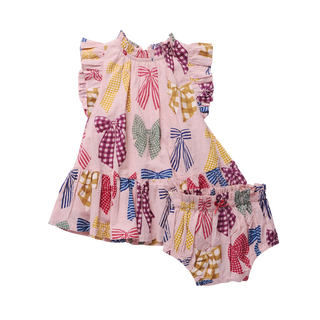 PINK CHICKEN BABY GIRLS HARPER DRESS SET-PATTERENED BOWS