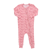Load image into Gallery viewer, Pink Chicken Candy Cane Bows Ruffle Bamboo Romper
