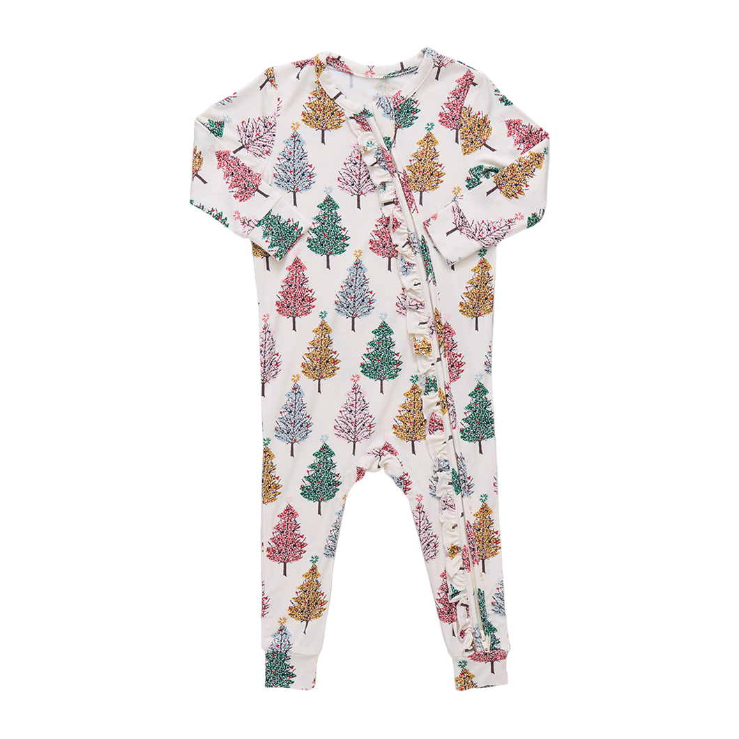 Pink Chicken Multi Christmas Trees Ruffle Bamboo Romper