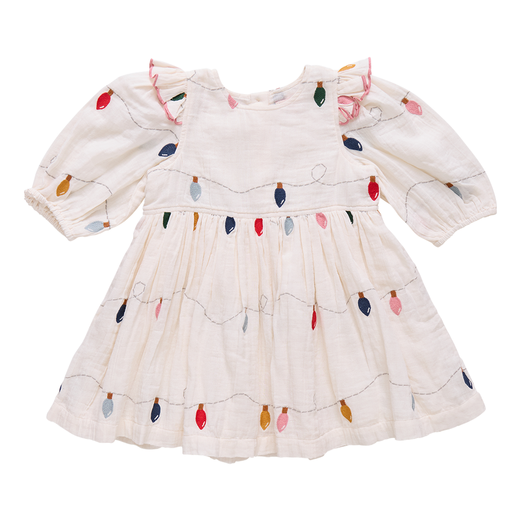 Pink Chicken Christmas Lights Embroidery Brooke Dress
