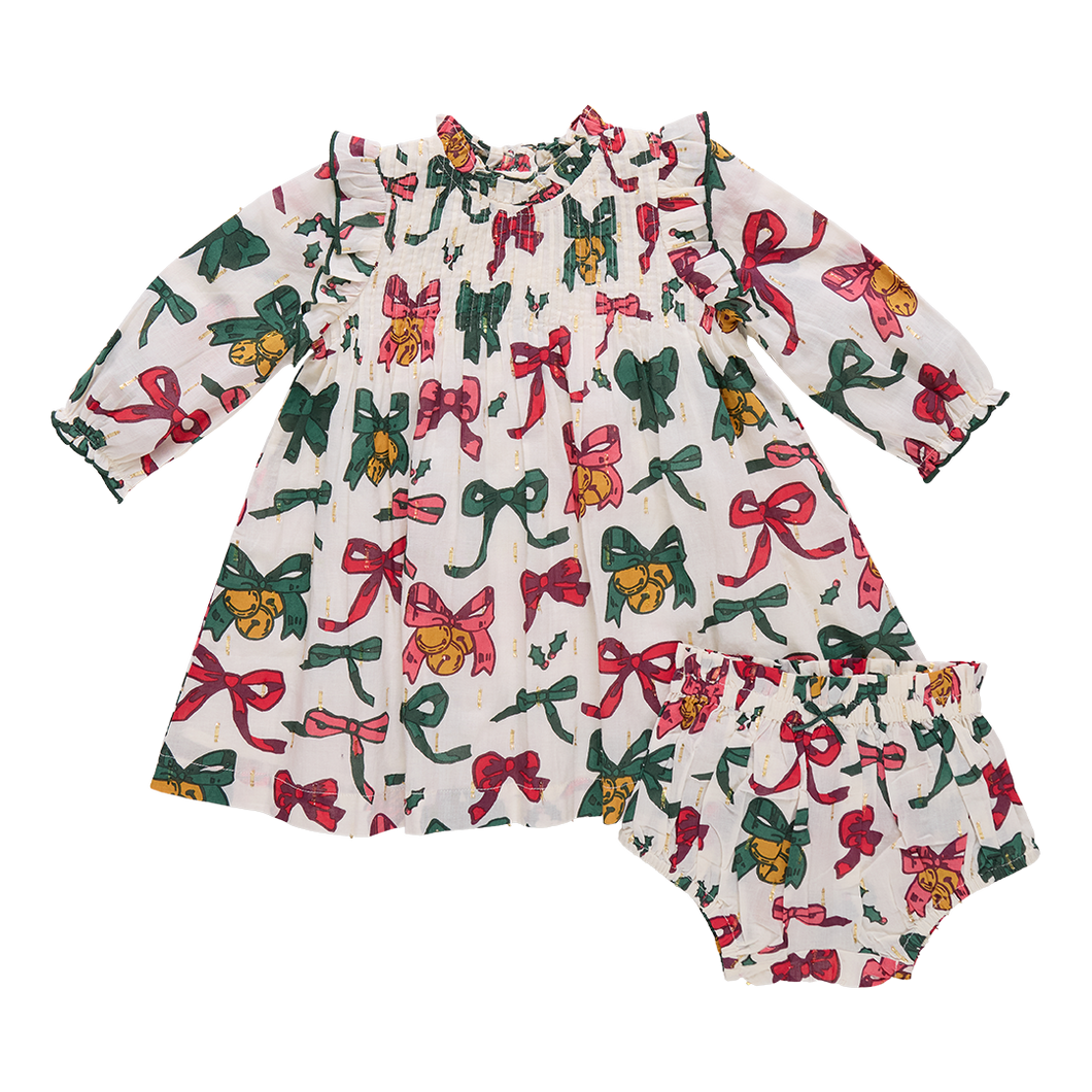 Pink Chicken Christmas Bow & Bells Jaipur Dress Set