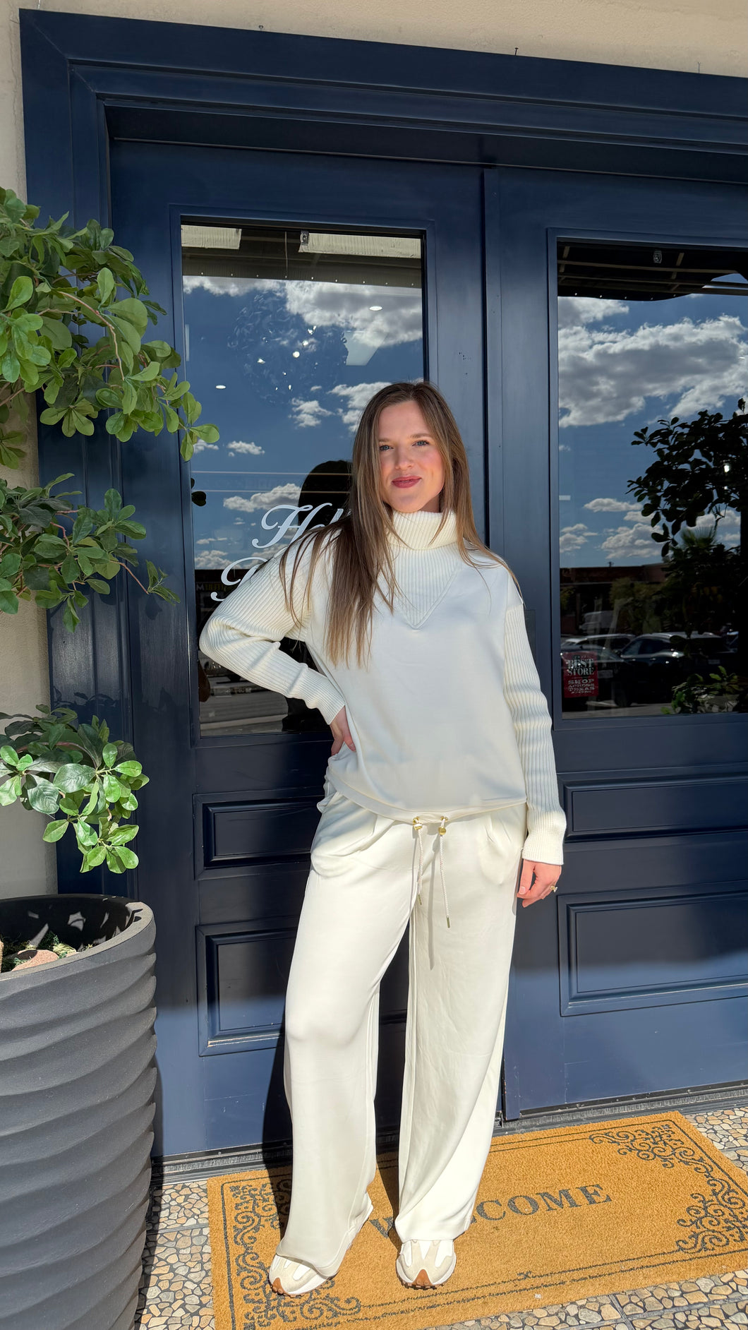Varley Hannah Cowl Neck Sweat & Extra Wide Leg Pant Set- Egret