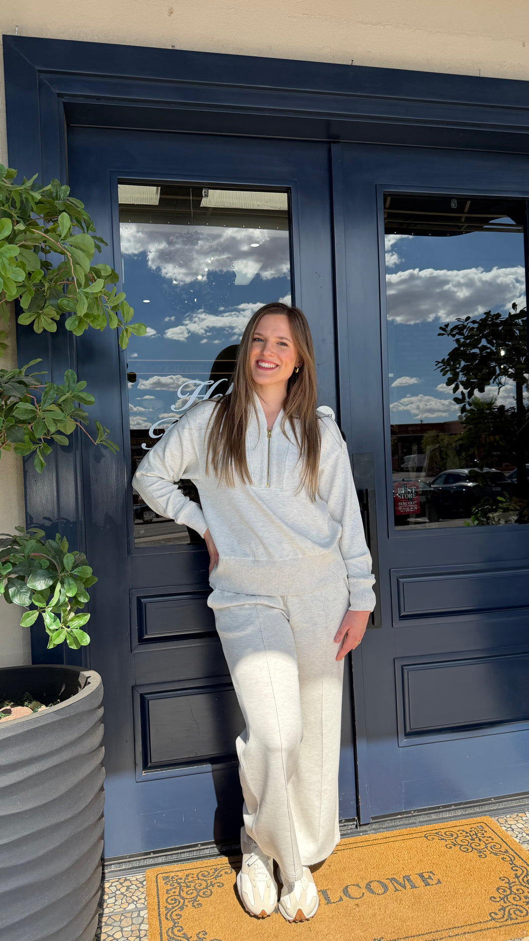 Varley Sally Half Zip Sweat & The Wide Leg Pant- Ivory Marl