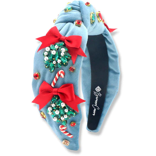 Brianna Cannon Vintage Blue Mistletoe Headband with Bows and Candy Canes