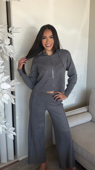 Gray long sleeve knit hoodie and pant set with rhinestone details, relaxed fit.