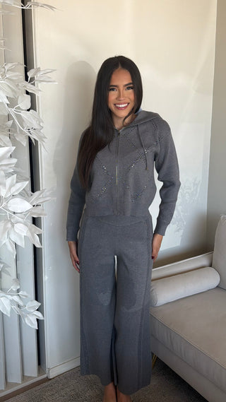LONG SLEEVE ZIP-UP  KNIT HOODIE AND PANT W RHINESTONES