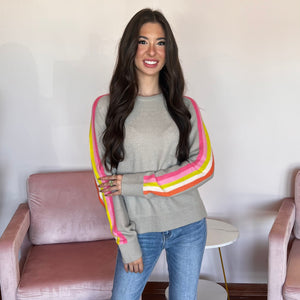 Grey and Neon Striped Sleeve Sweater