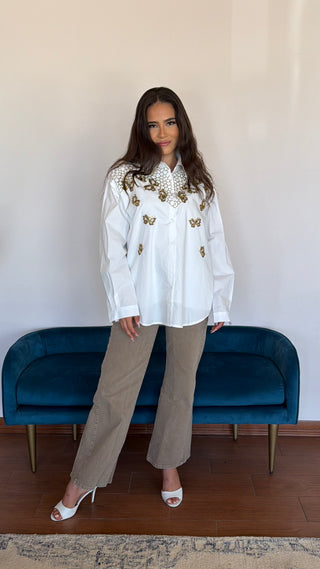 BUTTERFLY EMBELLISHED WHITE BLOUSE