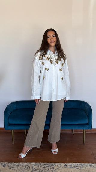 BUTTERFLY EMBELLISHED WHITE BLOUSE