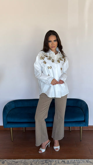 BUTTERFLY EMBELLISHED WHITE BLOUSE