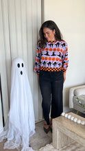 Load image into Gallery viewer, Queen of Sparkles Lavender, Black &amp; Orange Checker Trim Halloween Icon Sweater
