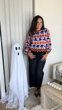Load image into Gallery viewer, Queen of Sparkles Lavender, Black &amp; Orange Checker Trim Halloween Icon Sweater
