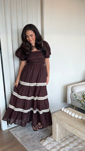 Load image into Gallery viewer, Lace Trim Brown Midi Dress
