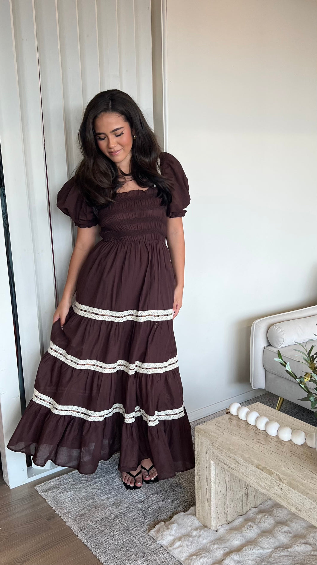 Lace Trim Brown Midi Dress