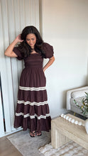 Load image into Gallery viewer, Lace Trim Brown Midi Dress
