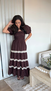 Lace Trim Brown Midi Dress