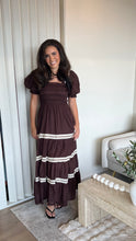 Load image into Gallery viewer, Lace Trim Brown Midi Dress
