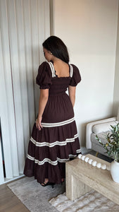 Lace Trim Brown Midi Dress