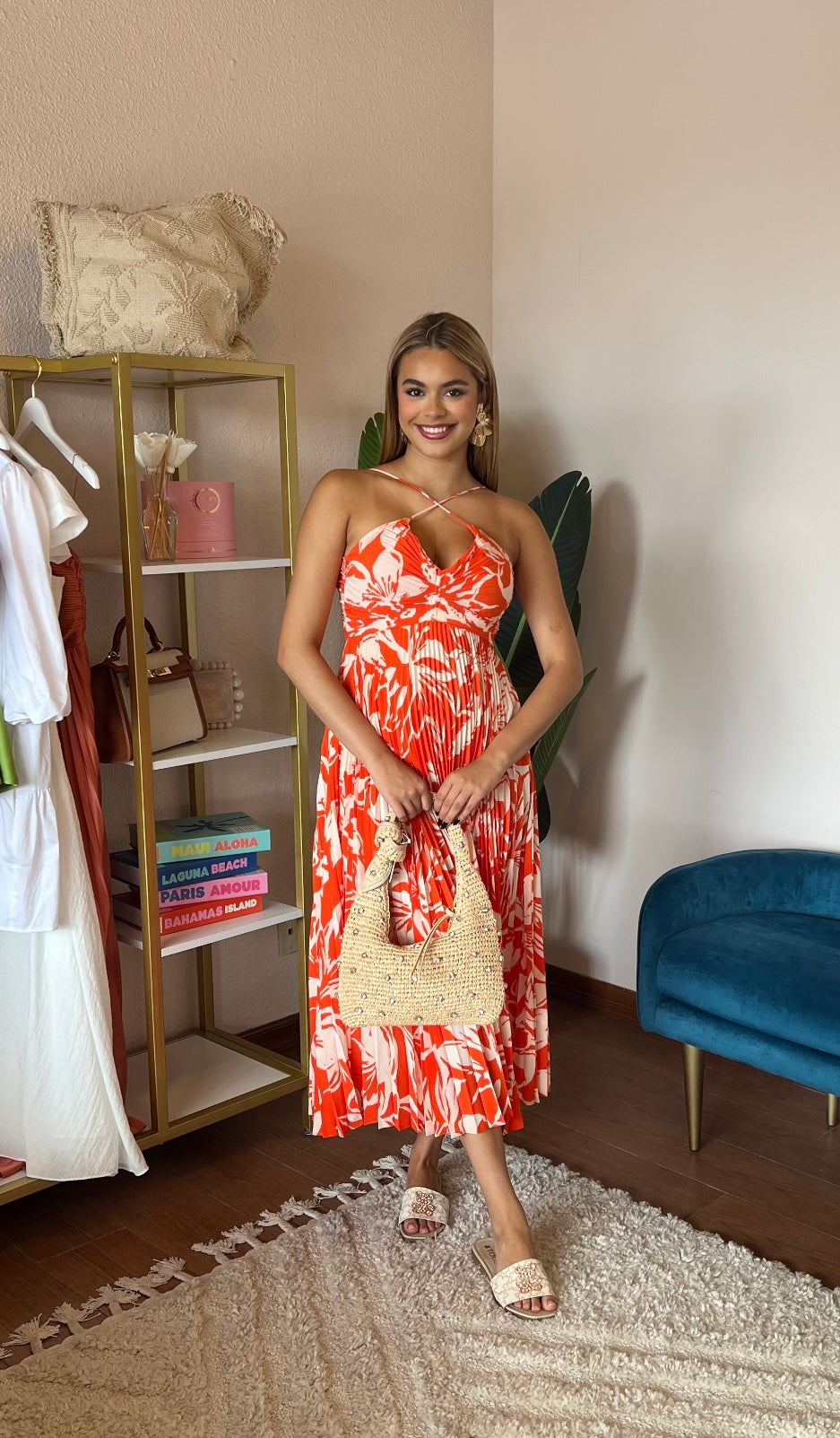 ASTR The Label Blythe Floral Plisse Midi Dress- Hot Orange Floral