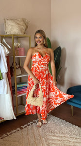 ASTR The Label Blythe Floral Plisse Midi Dress- Hot Orange Floral