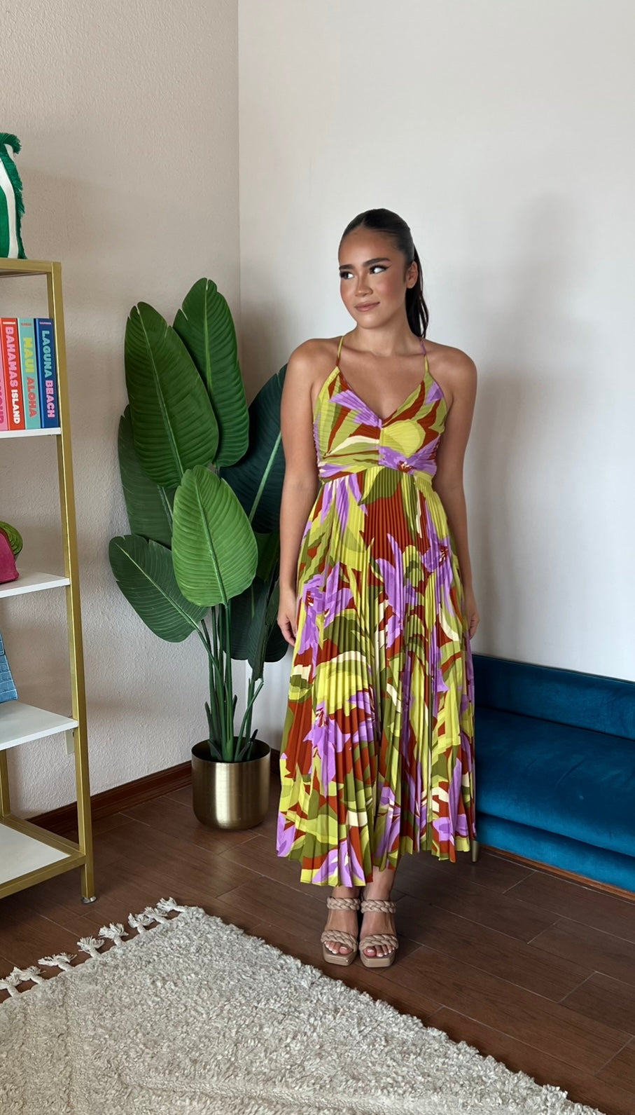 ASTR The Label Blythe Floral Plisse Midi Dress- Green Rust Floral