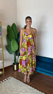 ASTR The Label Blythe Floral Plisse Midi Dress- Green Rust Floral