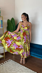 ASTR The Label Blythe Floral Plisse Midi Dress- Green Rust Floral