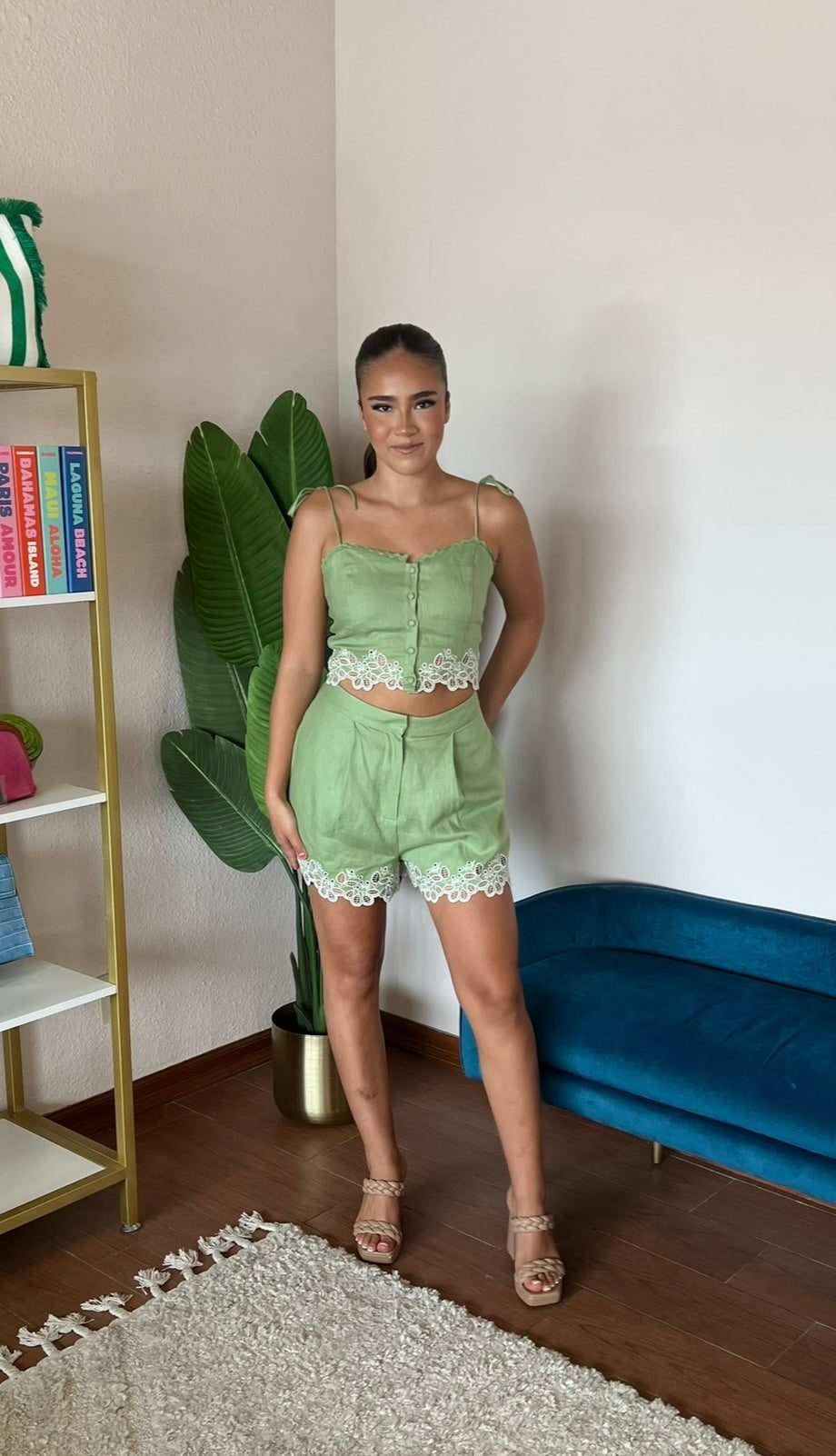 ASTR The Label Kiya Linen Embroidered Shorts- Avocado