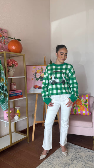 QUEEN OF SPARKLES GREEN AND WHITE CHECKERED GOLF CART SWEATER