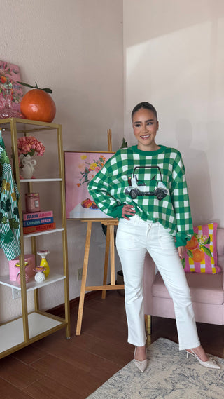 QUEEN OF SPARKLES GREEN AND WHITE CHECKERED GOLF CART SWEATER