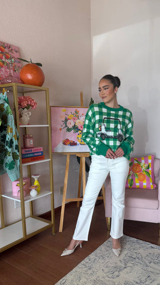 QUEEN OF SPARKLES GREEN AND WHITE CHECKERED GOLF CART SWEATER