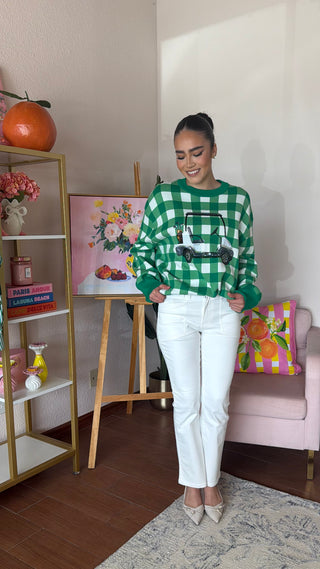 QUEEN OF SPARKLES GREEN AND WHITE CHECKERED GOLF CART SWEATER