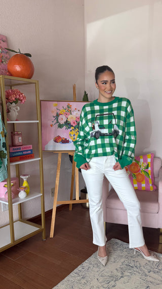 QUEEN OF SPARKLES GREEN AND WHITE CHECKERED GOLF CART SWEATER