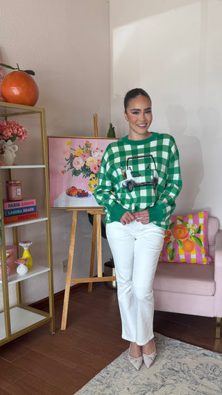 QUEEN OF SPARKLES GREEN AND WHITE CHECKERED GOLF CART SWEATER