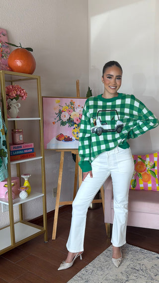 QUEEN OF SPARKLES GREEN AND WHITE CHECKERED GOLF CART SWEATER
