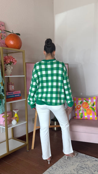 QUEEN OF SPARKLES GREEN AND WHITE CHECKERED GOLF CART SWEATER