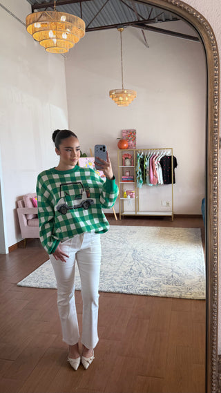 QUEEN OF SPARKLES GREEN AND WHITE CHECKERED GOLF CART SWEATER