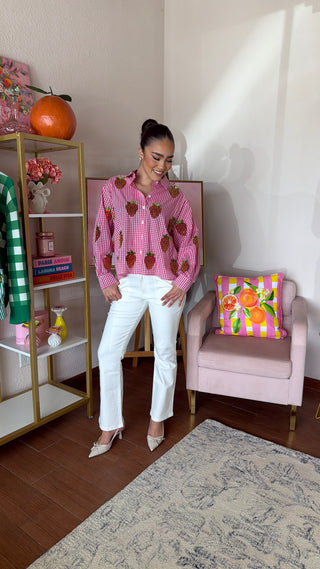 QUEEN OF SPARKLES RED AND WHITE GINGHAM BEADED STRAWBERRY BUTTON UP