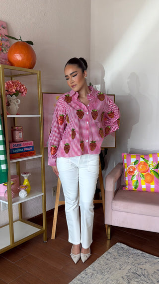 QUEEN OF SPARKLES RED AND WHITE GINGHAM BEADED STRAWBERRY BUTTON UP