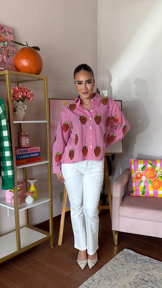 QUEEN OF SPARKLES RED AND WHITE GINGHAM BEADED STRAWBERRY BUTTON UP
