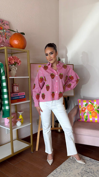 QUEEN OF SPARKLES RED AND WHITE GINGHAM BEADED STRAWBERRY BUTTON UP