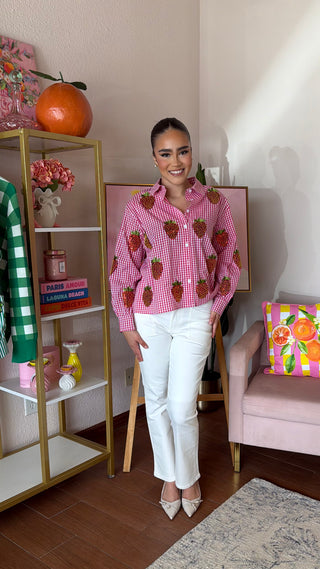 QUEEN OF SPARKLES RED AND WHITE GINGHAM BEADED STRAWBERRY BUTTON UP