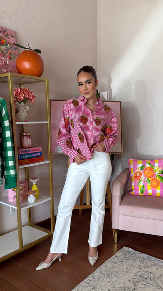 QUEEN OF SPARKLES RED AND WHITE GINGHAM BEADED STRAWBERRY BUTTON UP