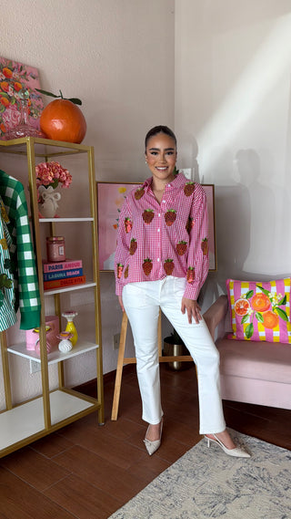 QUEEN OF SPARKLES RED AND WHITE GINGHAM BEADED STRAWBERRY BUTTON UP