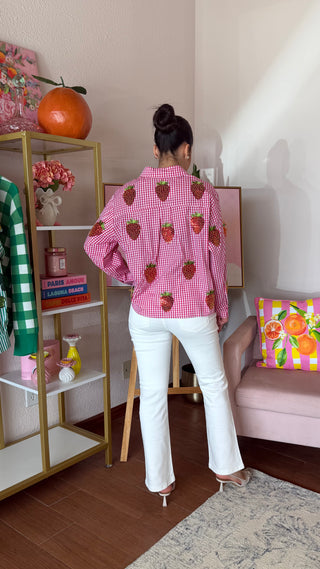 QUEEN OF SPARKLES RED AND WHITE GINGHAM BEADED STRAWBERRY BUTTON UP